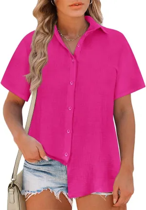 RITERA Womens Plus Size Tops Button Down Roll-Up Cuffed Short Sleeve Casual Shirts Collared Summer Lightweight Blouse XL-5XL
