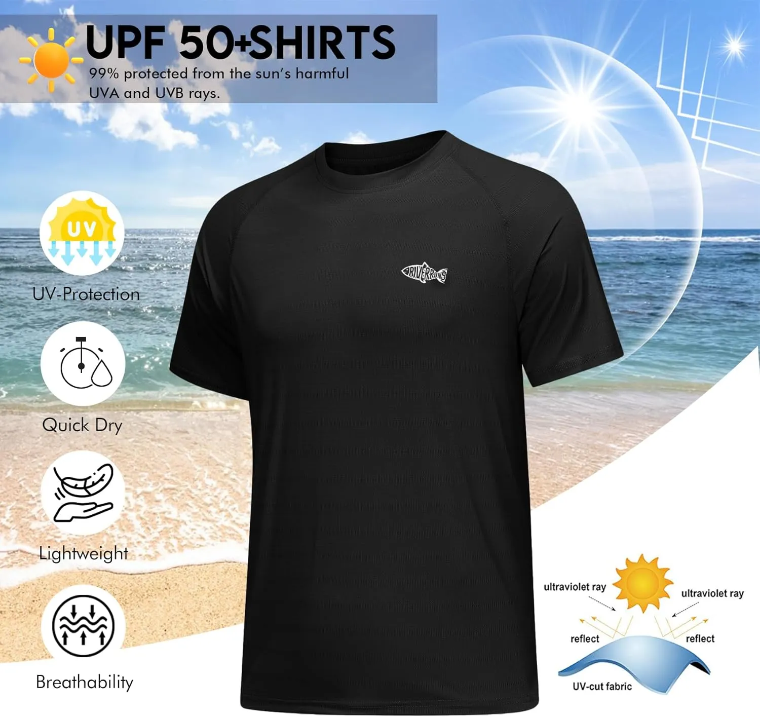 Riverruns UPF 50  UV Sun Protection Fishing Shirt Breathable Quick Dry Swim Shirt Rash Guard Water Beach T-Shirt for Men