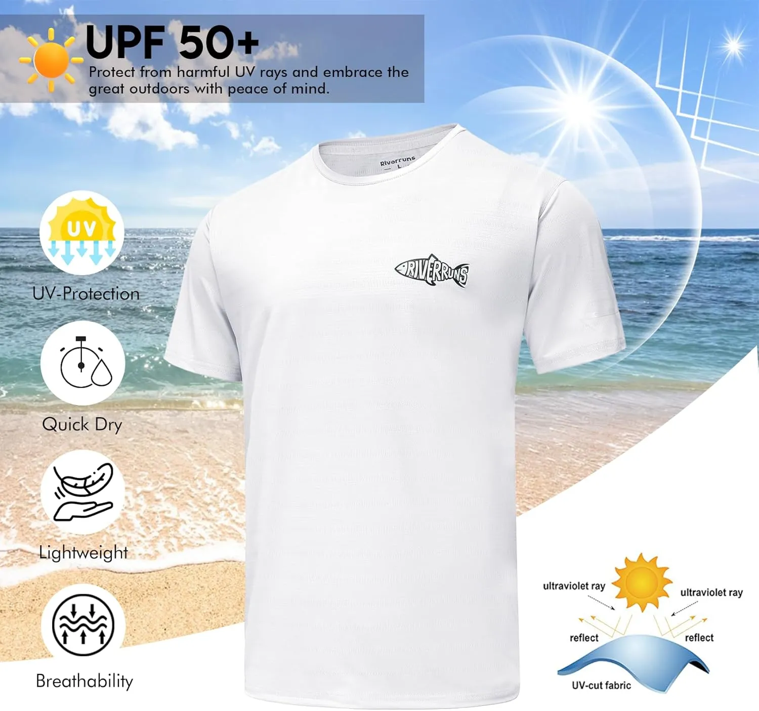 Riverruns UPF 50  UV Sun Protection Fishing Shirt Breathable Quick Dry Swim Shirt Rash Guard Water Beach T-Shirt for Men