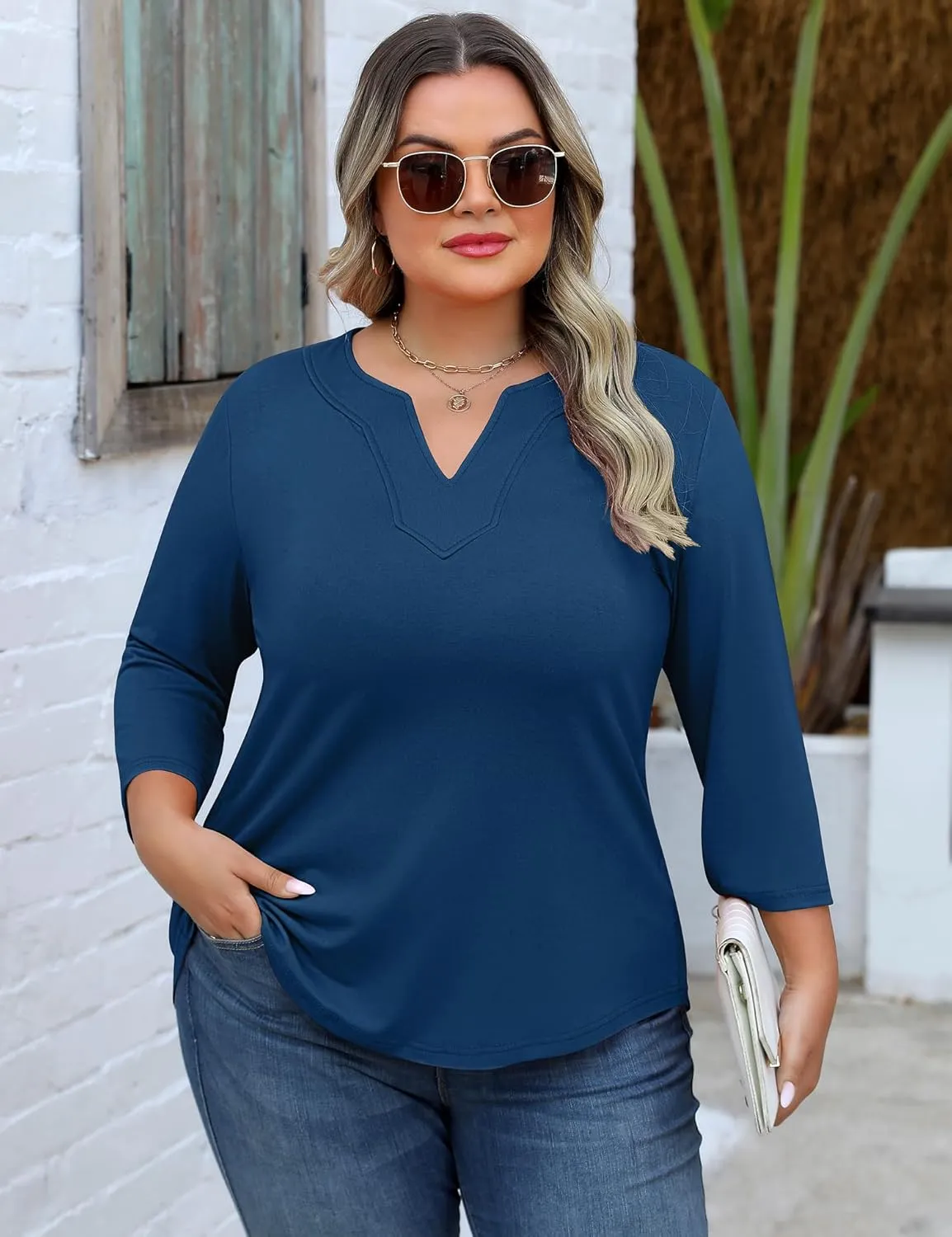 Romanstii Womens Plus Size Tops Casual 3/4 Sleeve V Neck T Shirt Loose Fit Tunic Blouse 1X-5X