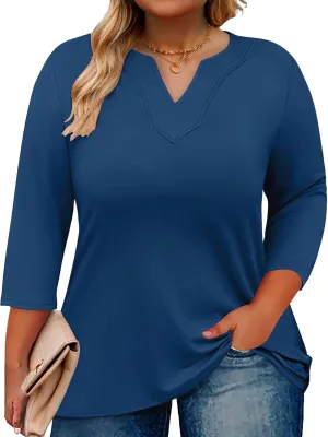 Romanstii Womens Plus Size Tops Casual 3/4 Sleeve V Neck T Shirt Loose Fit Tunic Blouse 1X-5X