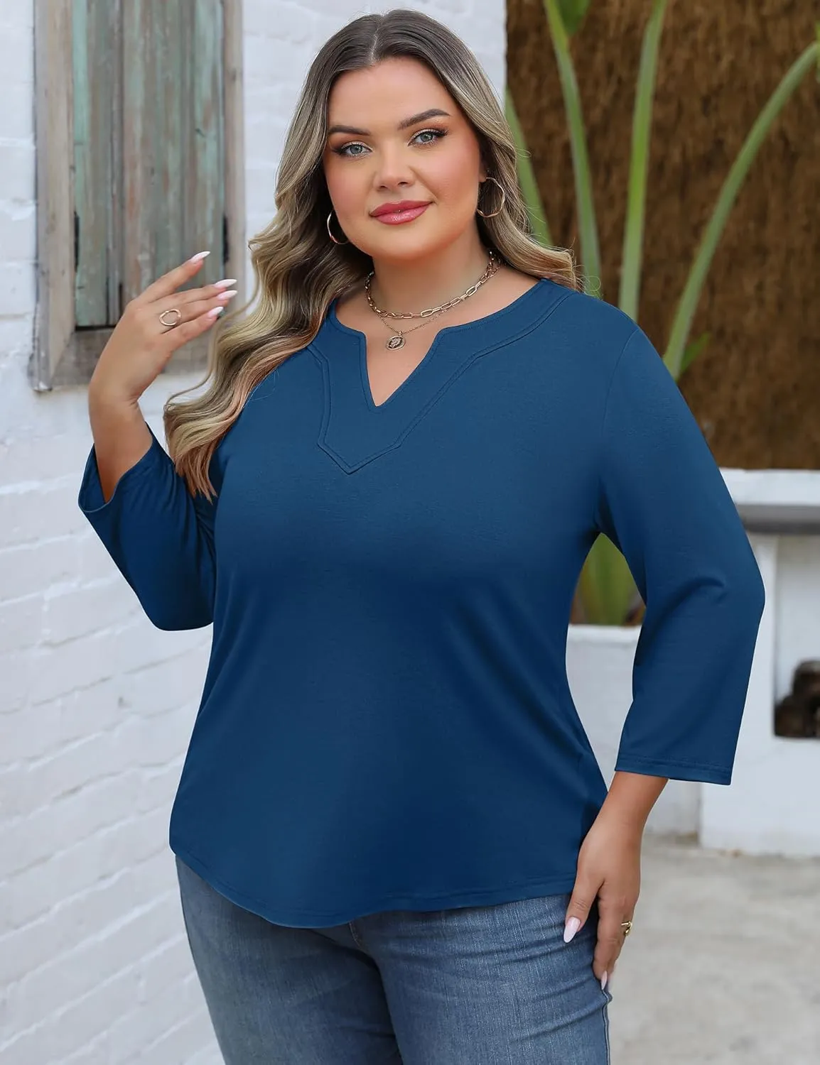 Romanstii Womens Plus Size Tops Casual 3/4 Sleeve V Neck T Shirt Loose Fit Tunic Blouse 1X-5X