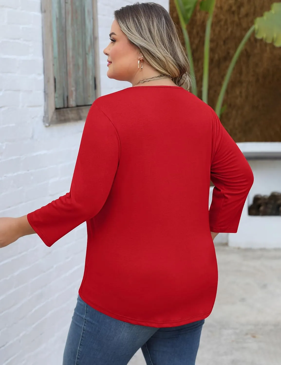 Romanstii Womens Plus Size Tops Casual 3/4 Sleeve V Neck T Shirt Loose Fit Tunic Blouse 1X-5X