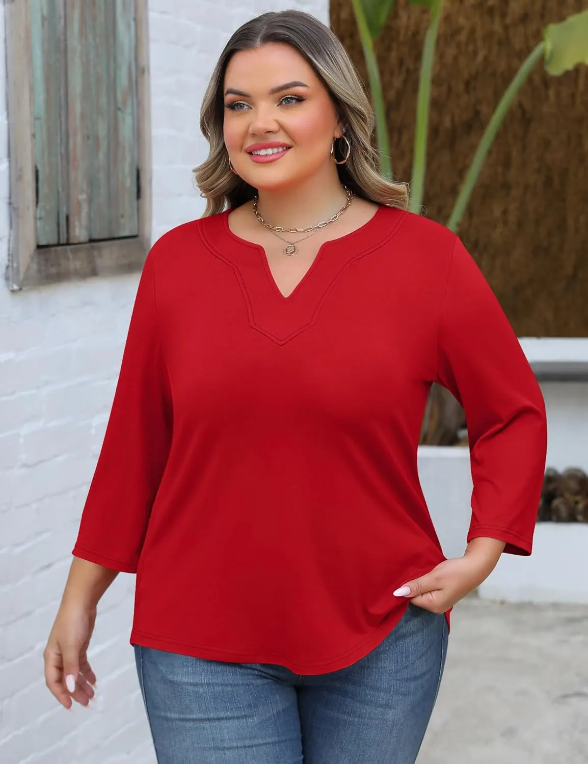 Romanstii Womens Plus Size Tops Casual 3/4 Sleeve V Neck T Shirt Loose Fit Tunic Blouse 1X-5X