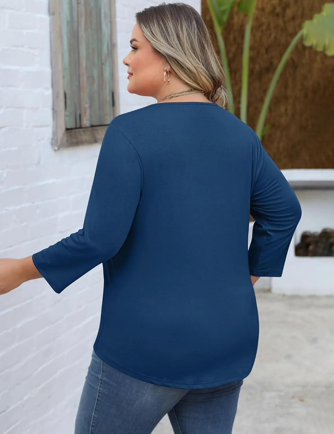 Romanstii Womens Plus Size Tops Casual 3/4 Sleeve V Neck T Shirt Loose Fit Tunic Blouse 1X-5X