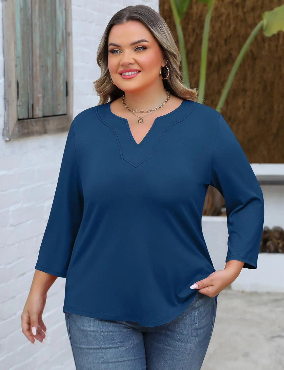 Romanstii Womens Plus Size Tops Casual 3/4 Sleeve V Neck T Shirt Loose Fit Tunic Blouse 1X-5X