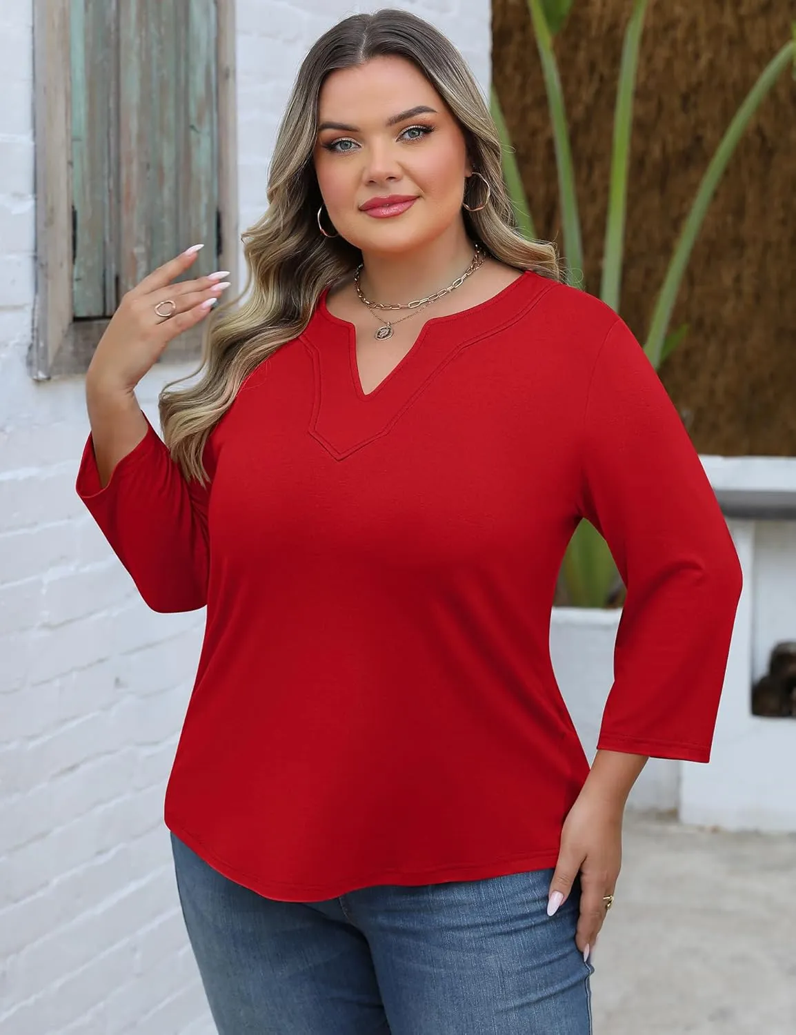 Romanstii Womens Plus Size Tops Casual 3/4 Sleeve V Neck T Shirt Loose Fit Tunic Blouse 1X-5X