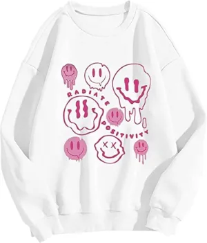 Sdencin Women Face Graphic Print Fleece Sweatshirt Long Sleeve Round Neck Casual Loose Fit Letter Pullover Tops