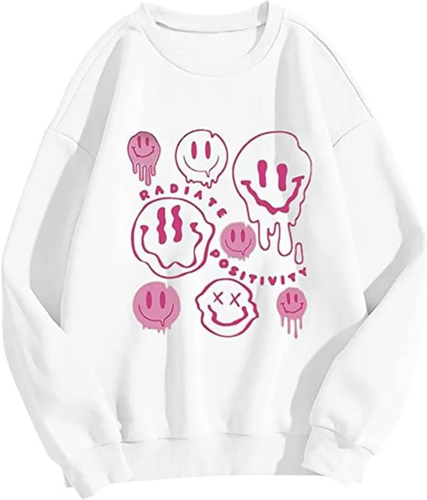 Sdencin Women Face Graphic Print Fleece Sweatshirt Long Sleeve Round Neck Casual Loose Fit Letter Pullover Tops