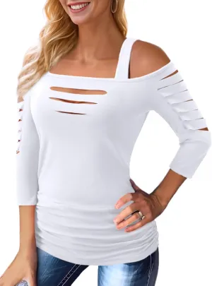 Sexy Cut Out Cold Off Shoulder Tops for Women T-Shirt Distressed Half Sleeve Square Neck Blouse Summer Rock Tee