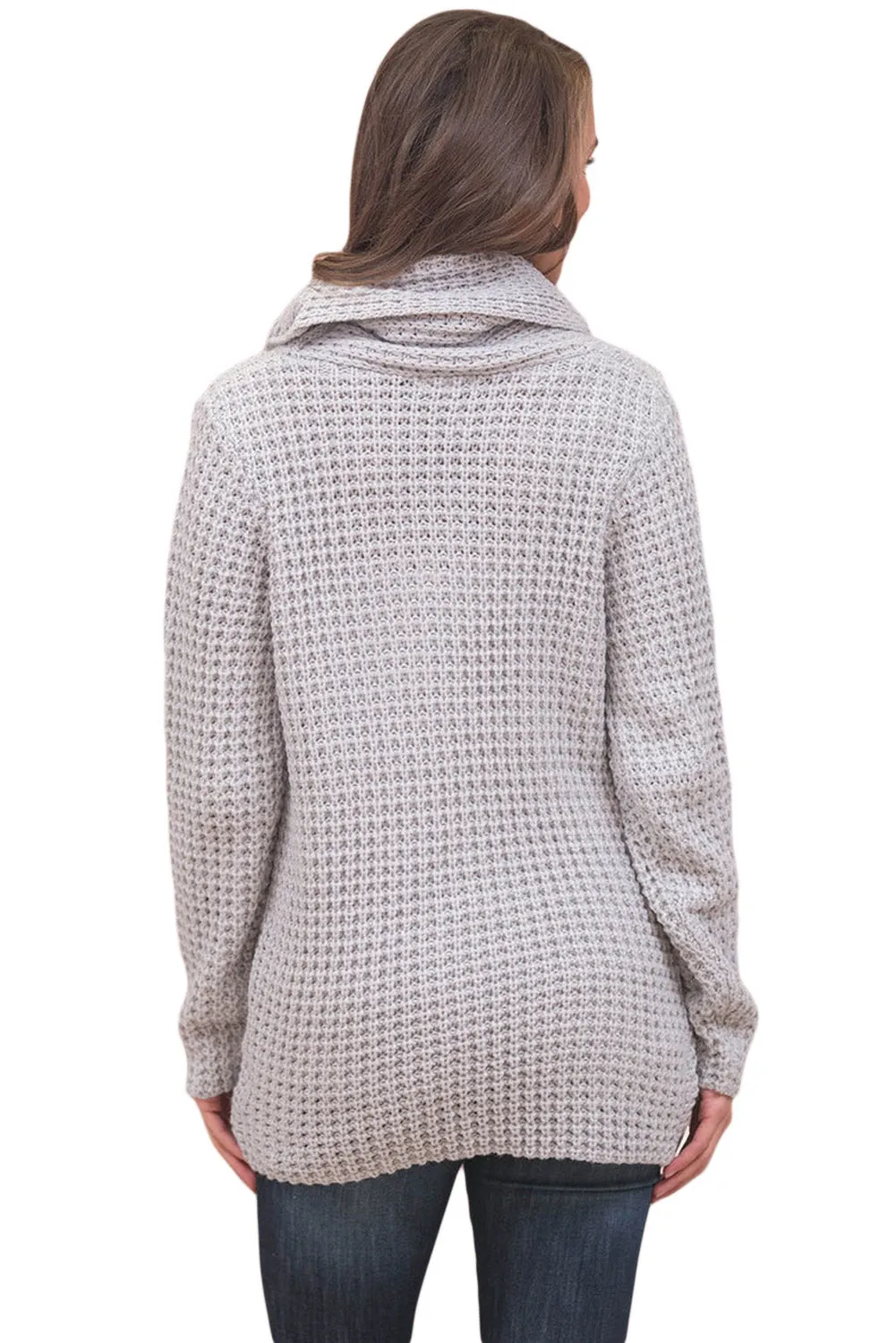 Sexy Grey Buttoned Wrap Cowl Neck Sweater