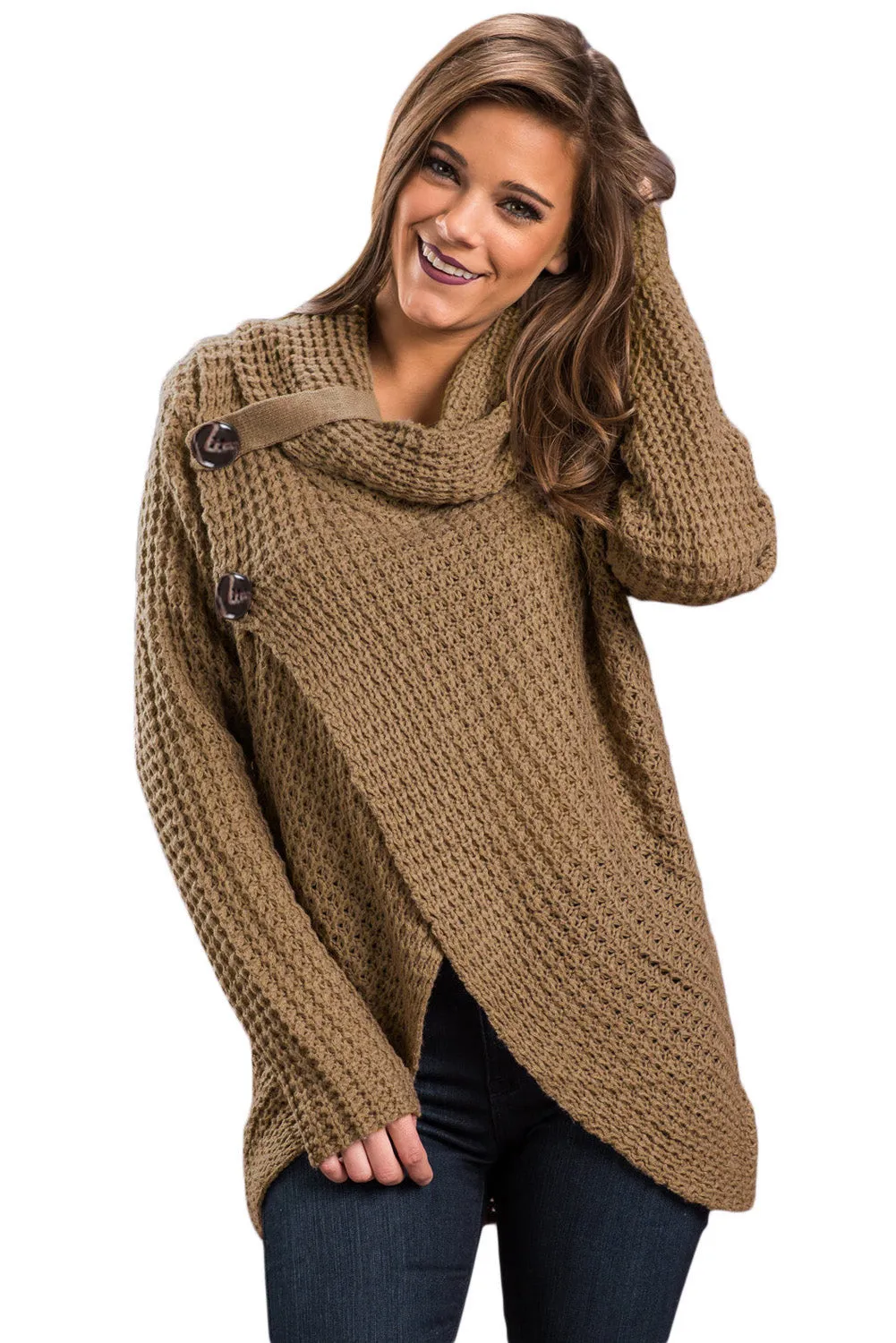 Sexy Khaki Buttoned Wrap Cowl Neck Sweater
