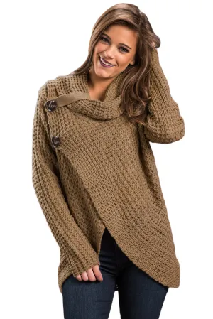 Sexy Khaki Buttoned Wrap Cowl Neck Sweater