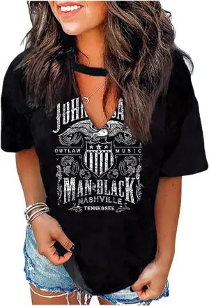 Sexy V Neck T Shirts for Women Tie Dye Hollow Out Blouse Tops Summer Loose Casual Shirt Country Music Graphic Tee Shirts
