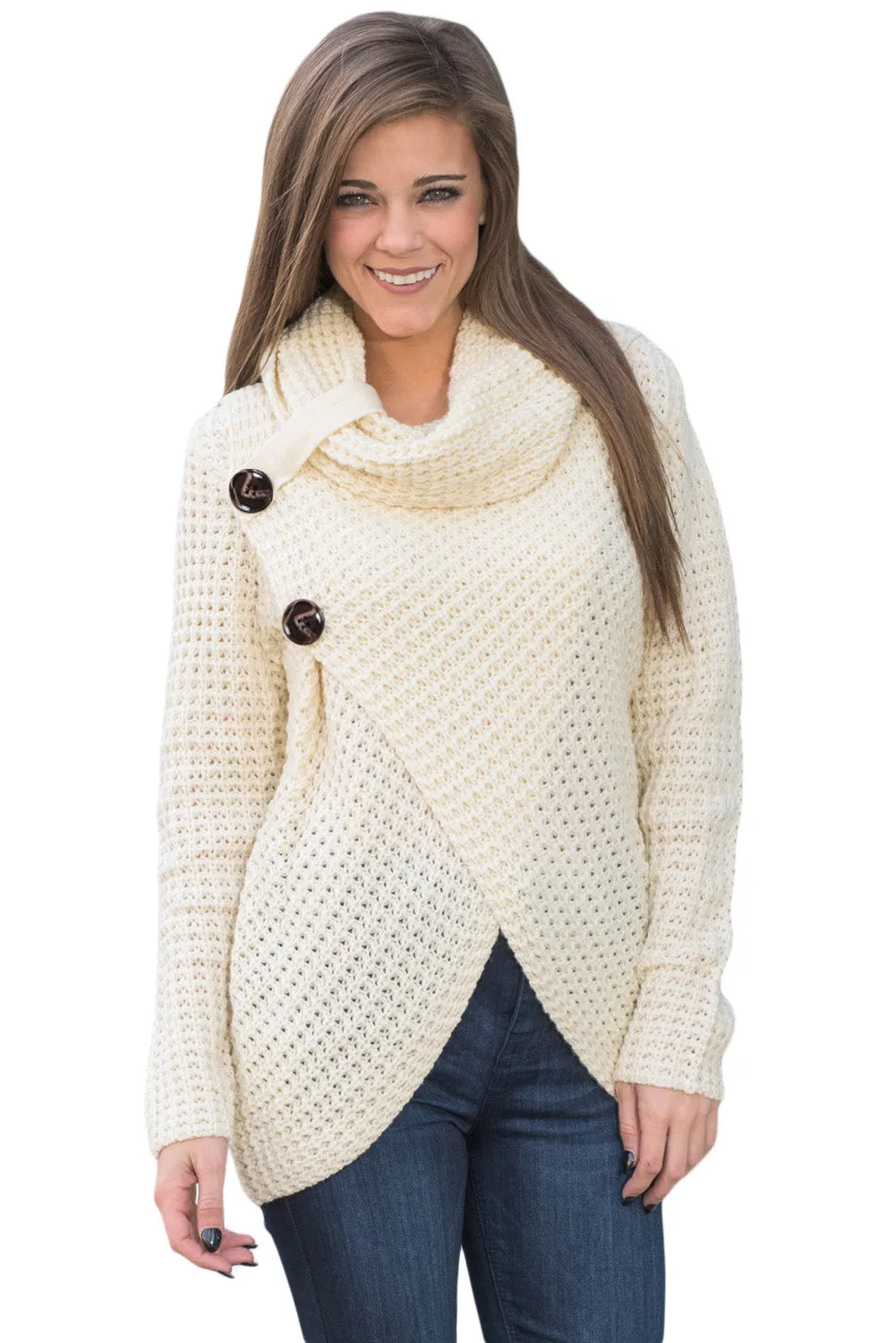 Sexy White Buttoned Wrap Cowl Neck Sweater