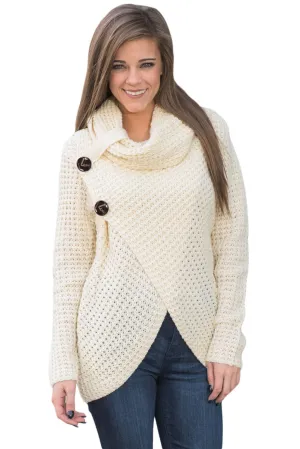 Sexy White Buttoned Wrap Cowl Neck Sweater