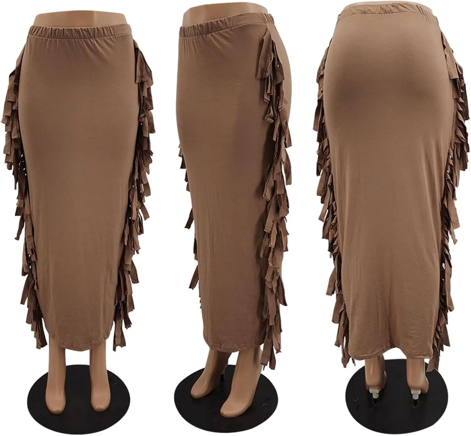 Sexyshine Women's Elastic High Waist Bodycon Side Tassels Maxi Skirts Fringed Long Pencil Skirt Club Party Dresses