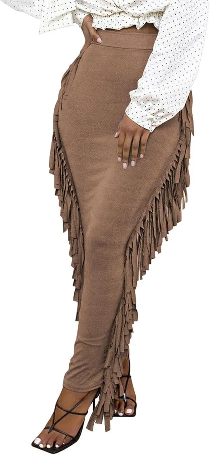 Sexyshine Women's Elastic High Waist Bodycon Side Tassels Maxi Skirts Fringed Long Pencil Skirt Club Party Dresses