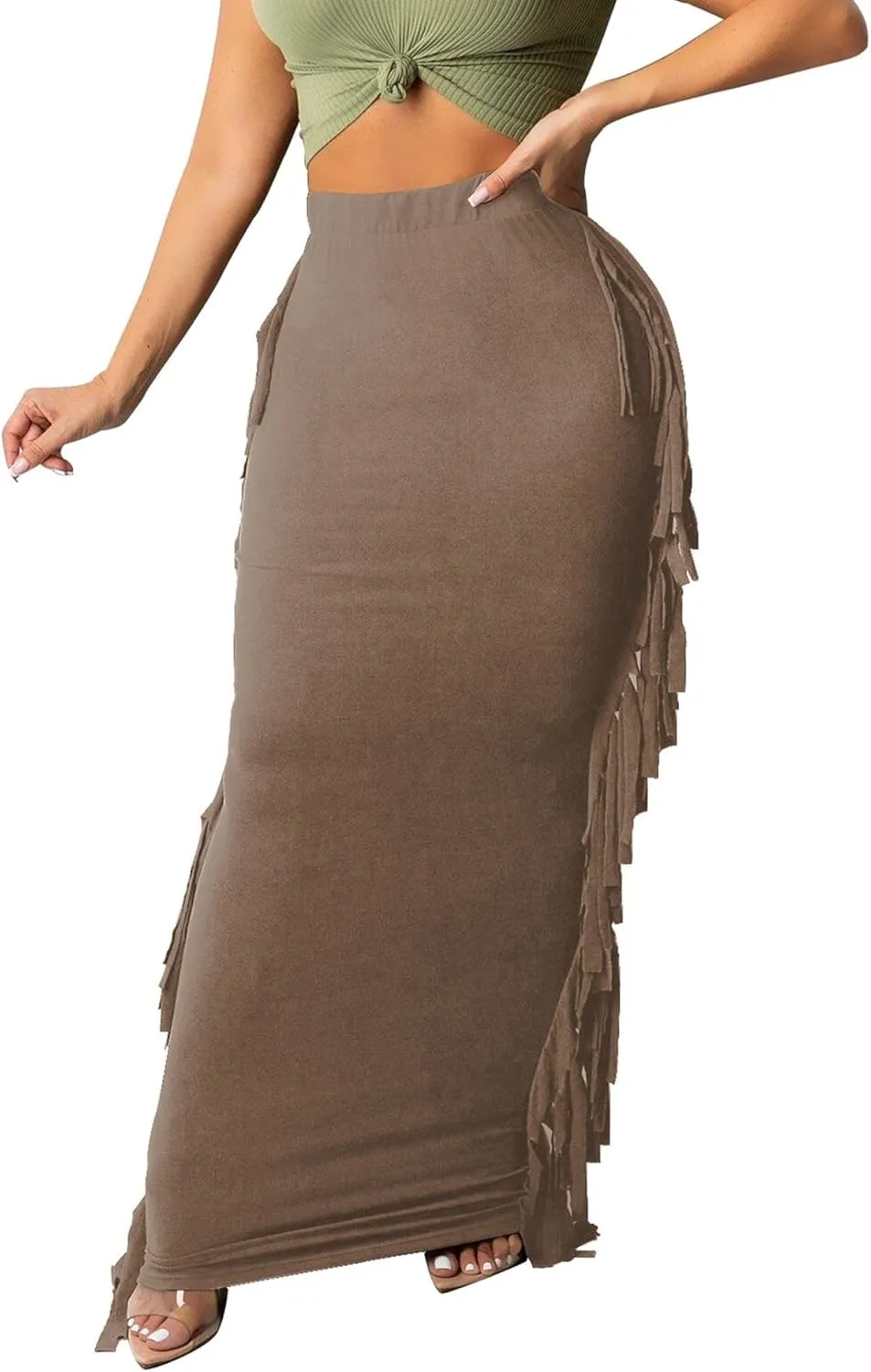 Sexyshine Women's Elastic High Waist Bodycon Side Tassels Maxi Skirts Fringed Long Pencil Skirt Club Party Dresses