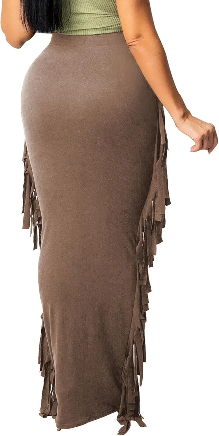 Sexyshine Women's Elastic High Waist Bodycon Side Tassels Maxi Skirts Fringed Long Pencil Skirt Club Party Dresses