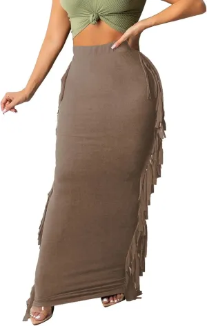 Sexyshine Women's Elastic High Waist Bodycon Side Tassels Maxi Skirts Fringed Long Pencil Skirt Club Party Dresses