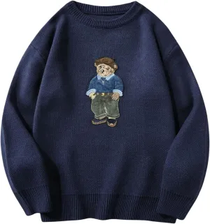 SHENHE Men's Oversized Crew Neck Cute Bear Sweater Vintage Unisex Preppy Sweater Jumper