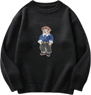 SHENHE Men's Oversized Crew Neck Cute Bear Sweater Vintage Unisex Preppy Sweater Jumper