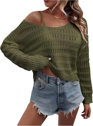 SHENHE Women's Crochet Hollow Out Drop Shoulder Scoop Neck Long Sleeve Sweater Top