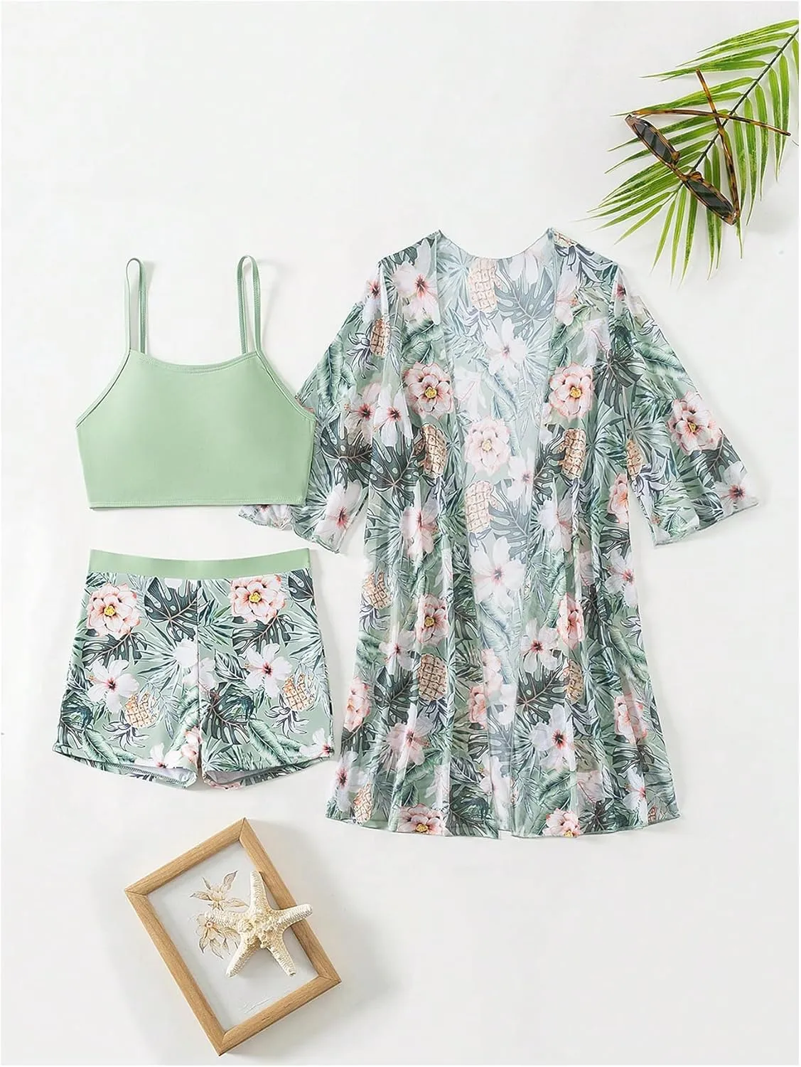 SHENHE Women's Tropical Bikini Set High Waisted Boyshorts 3 Piece Swimsuits with Kimono Cover Up