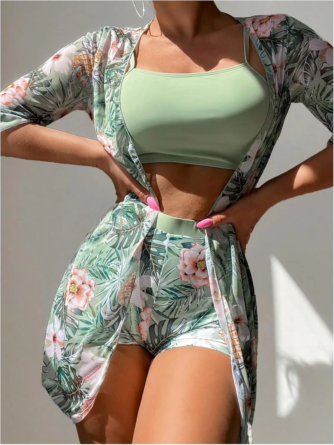 SHENHE Women's Tropical Bikini Set High Waisted Boyshorts 3 Piece Swimsuits with Kimono Cover Up