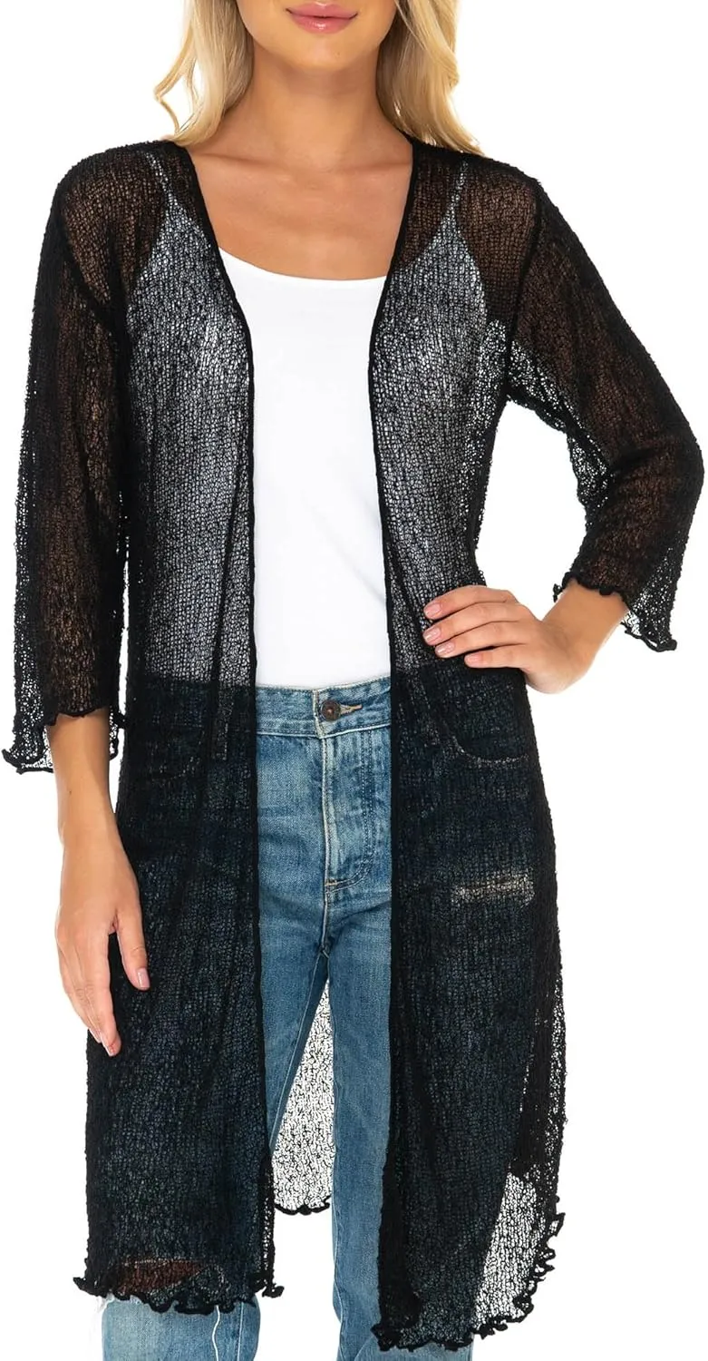 SHU-SHI Kimono Swimsuit Cover Ups for Women Beach Sweater Open Front Lightweight Long Sheer Cardigan