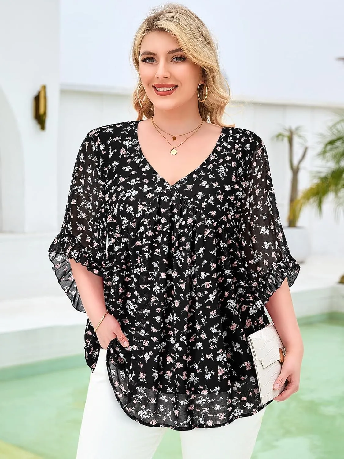 Siddhe Womens Plus Size Tops Ruffle 3/4 Sleeve Tunic Tops Chiffon V Neck Summer Shirt Blouses 2025