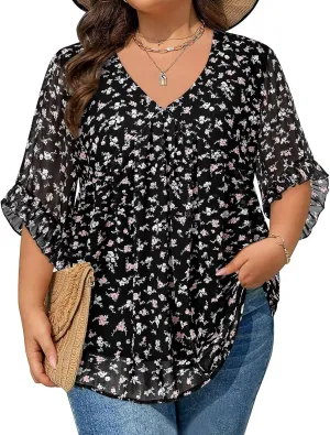 Siddhe Womens Plus Size Tops Ruffle 3/4 Sleeve Tunic Tops Chiffon V Neck Summer Shirt Blouses 2025