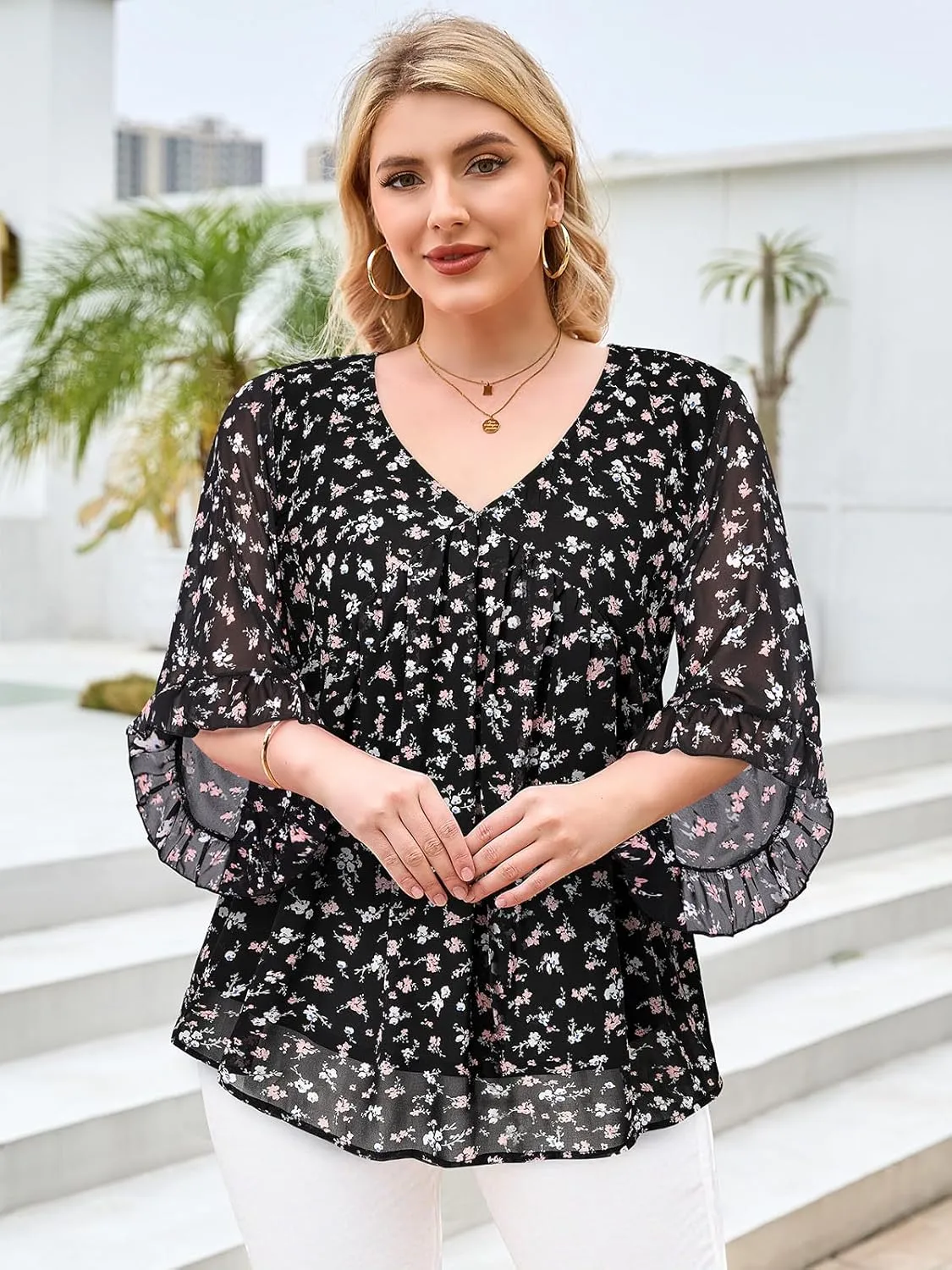 Siddhe Womens Plus Size Tops Ruffle 3/4 Sleeve Tunic Tops Chiffon V Neck Summer Shirt Blouses 2025