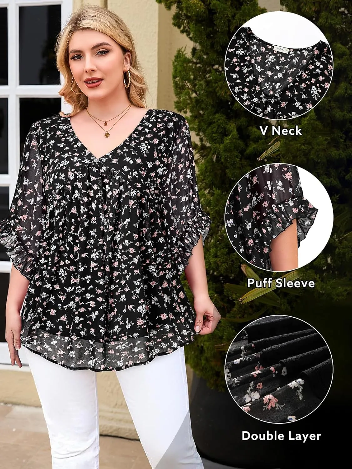 Siddhe Womens Plus Size Tops Ruffle 3/4 Sleeve Tunic Tops Chiffon V Neck Summer Shirt Blouses 2025