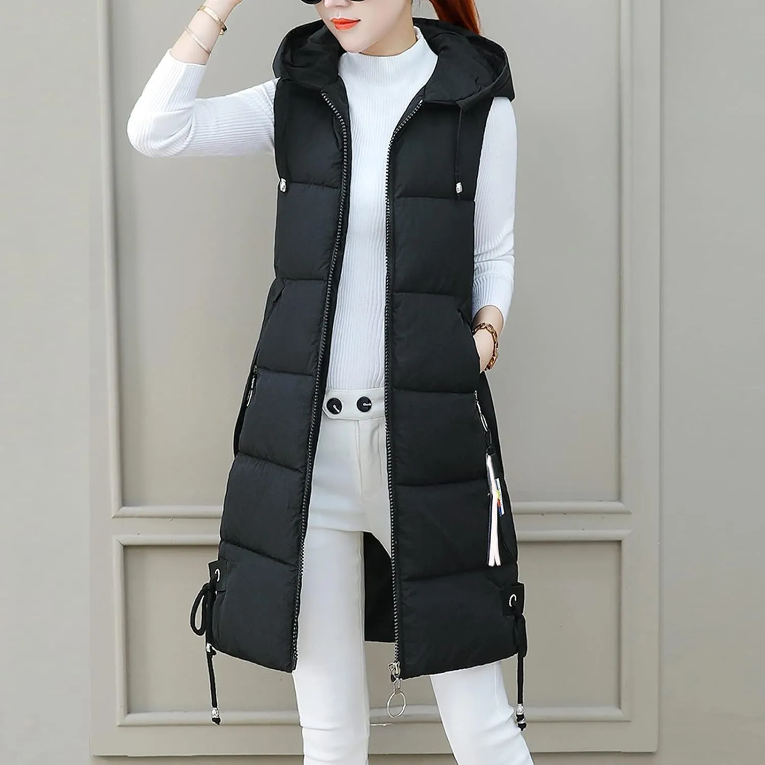 Sleeveless Long Down Jacket Vest for Women Casual Loose Fit Hooded Cotton-Padded Jackets Coats Fashion Vests Tops