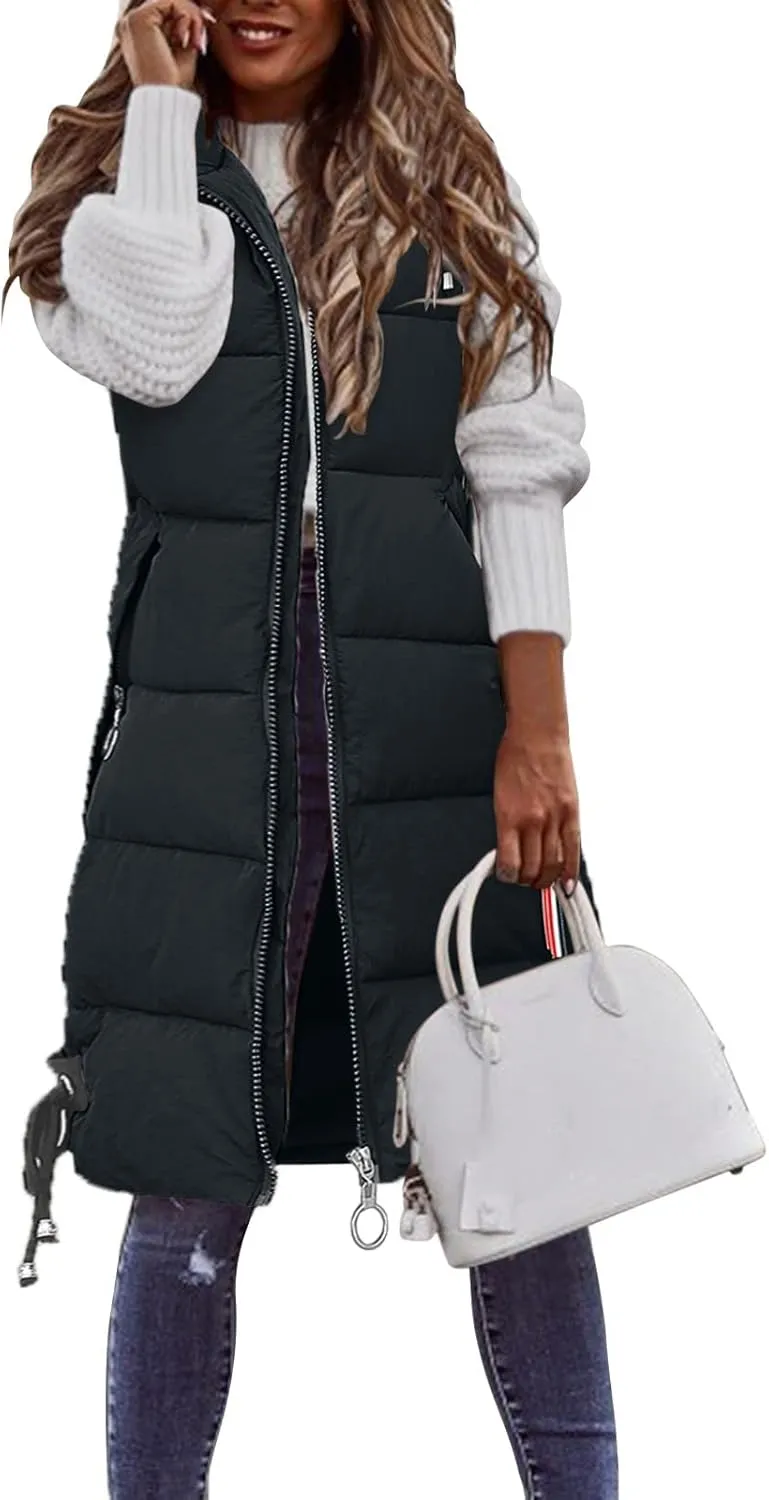 Sleeveless Long Down Jacket Vest for Women Casual Loose Fit Hooded Cotton-Padded Jackets Coats Fashion Vests Tops