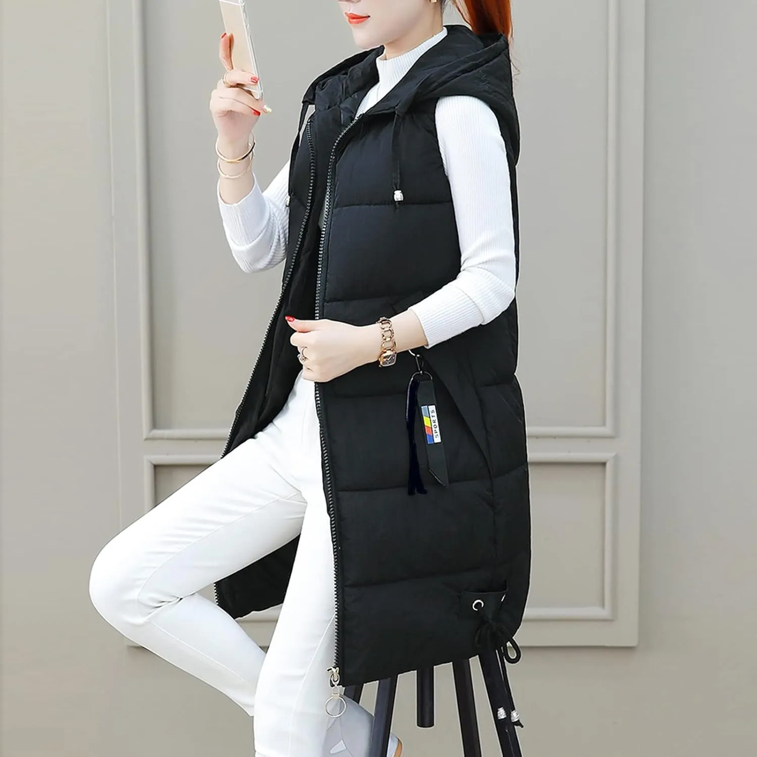 Sleeveless Long Down Jacket Vest for Women Casual Loose Fit Hooded Cotton-Padded Jackets Coats Fashion Vests Tops
