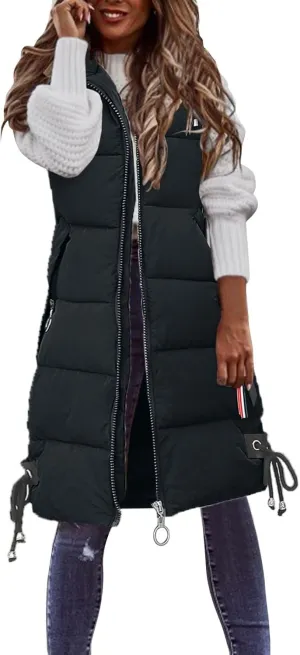 Sleeveless Long Down Jacket Vest for Women Casual Loose Fit Hooded Cotton-Padded Jackets Coats Fashion Vests Tops