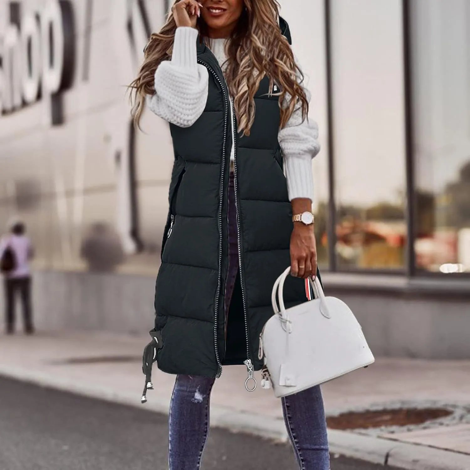 Sleeveless Long Down Jacket Vest for Women Casual Loose Fit Hooded Cotton-Padded Jackets Coats Fashion Vests Tops