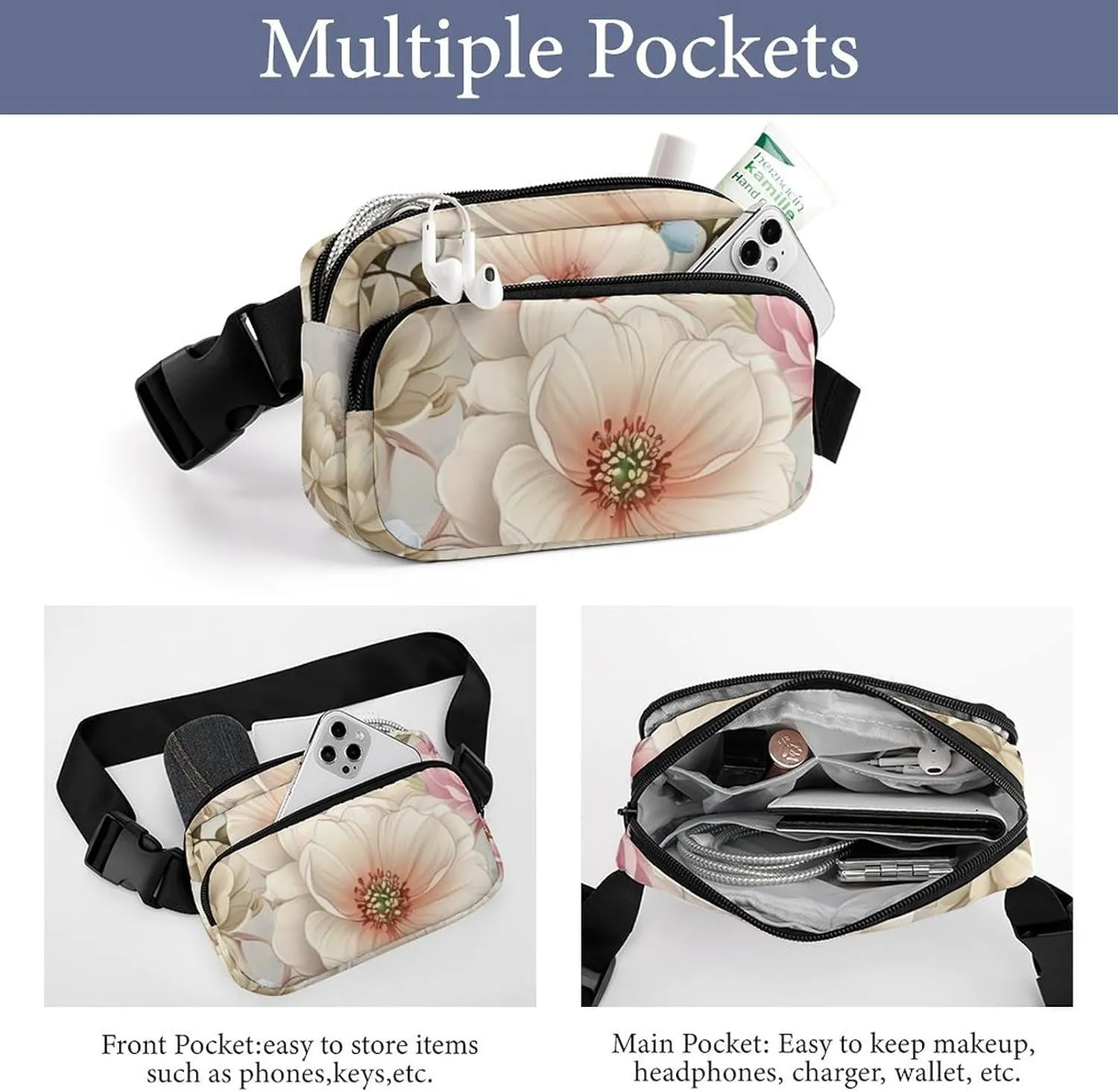 Soft Pastel Color Flowers Belt Bag Fanny Pack Crossbody Fashion Waist Packs With Adjustable Strap For Men Women Travel Hiking Cycling Running