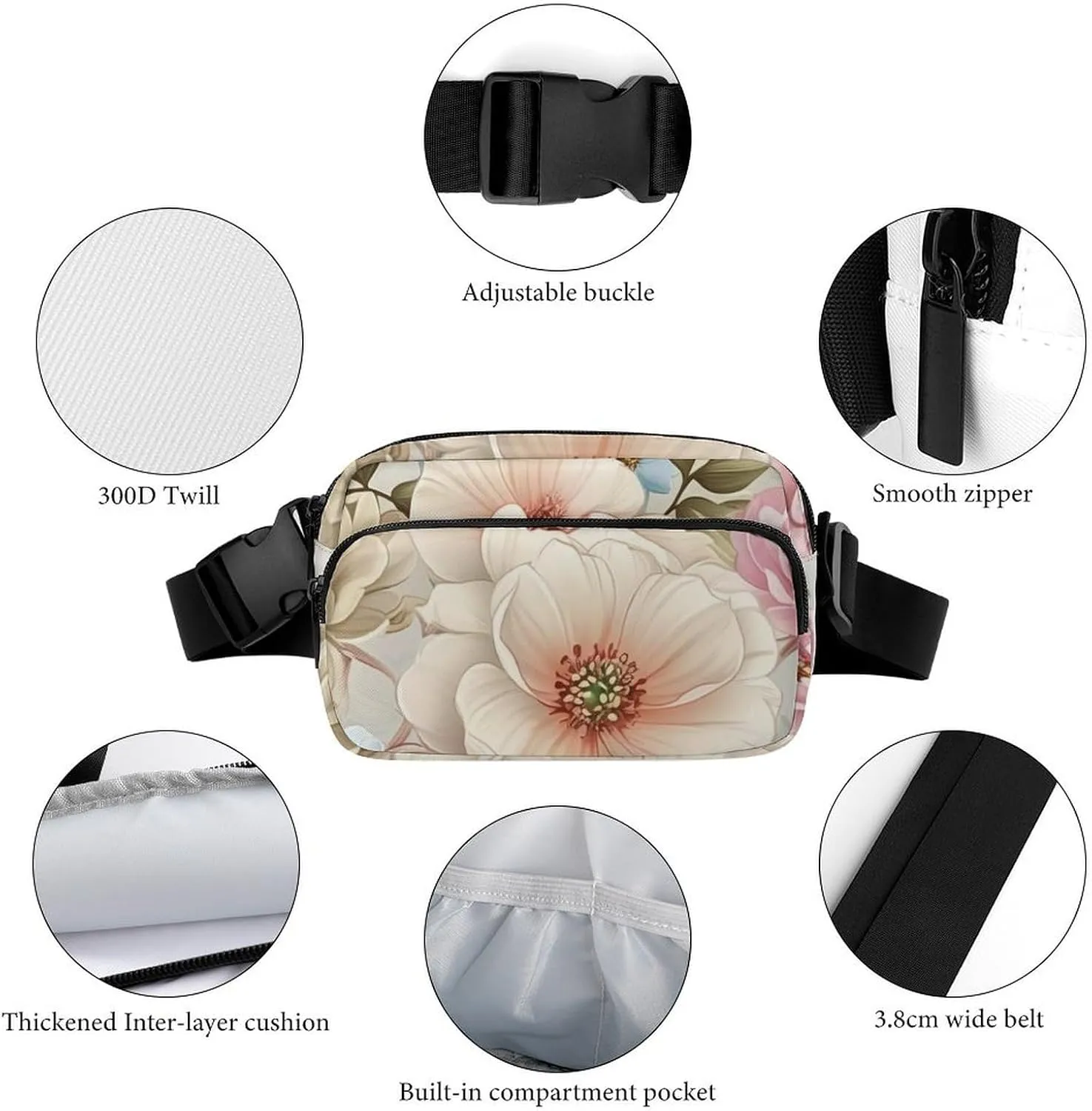 Soft Pastel Color Flowers Belt Bag Fanny Pack Crossbody Fashion Waist Packs With Adjustable Strap For Men Women Travel Hiking Cycling Running