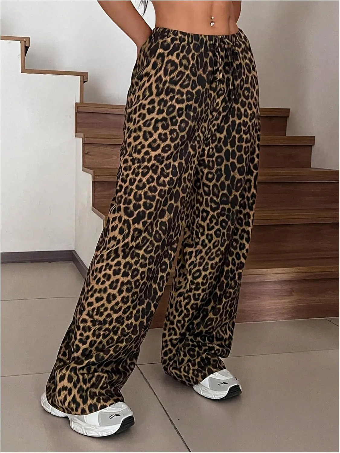 SOLY HUX Women's Leopard Pants Wide Leg Cheetah Print Drawstring Baggy Sweatpants Y2K Streetwear