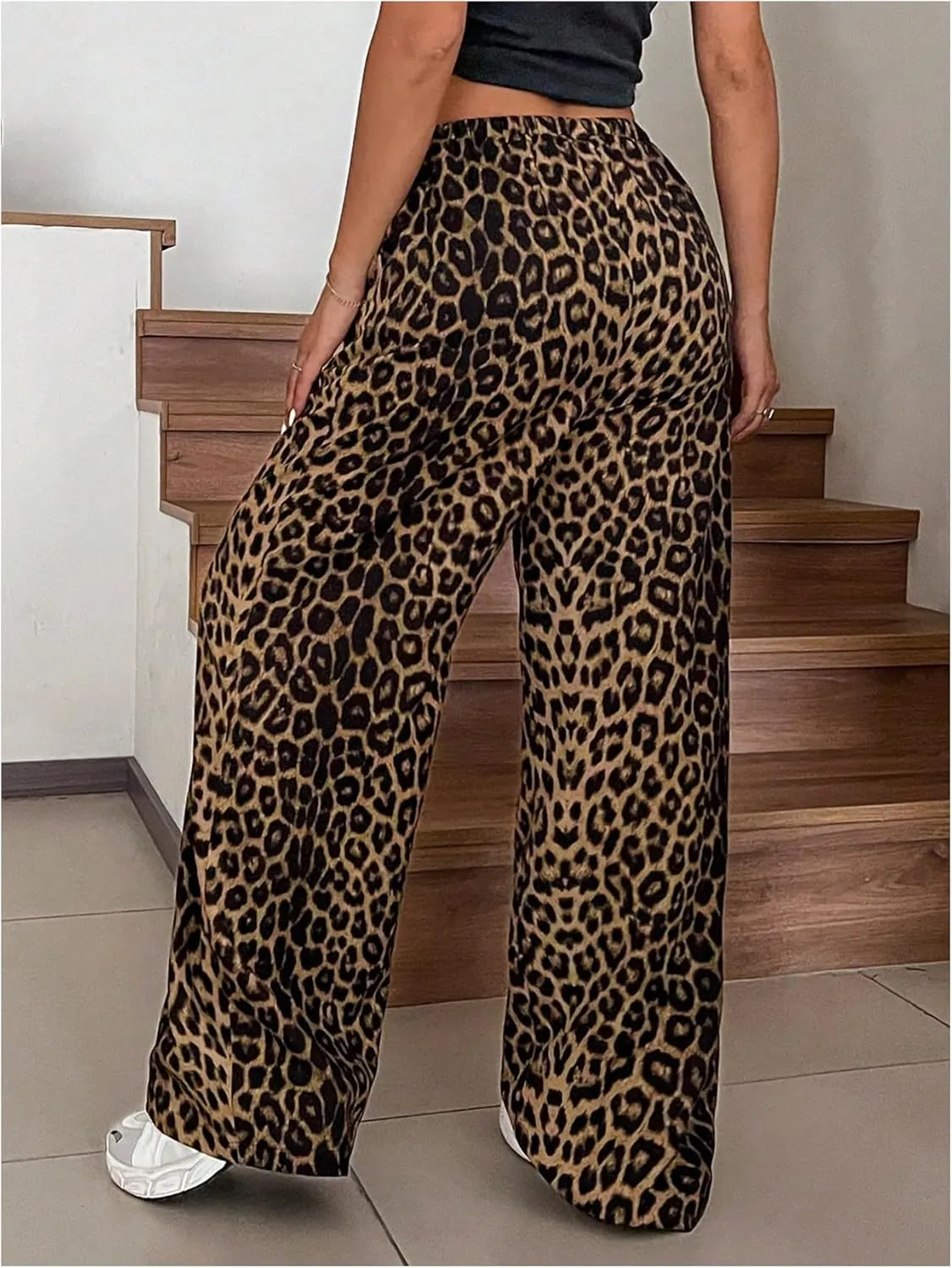 SOLY HUX Women's Leopard Pants Wide Leg Cheetah Print Drawstring Baggy Sweatpants Y2K Streetwear