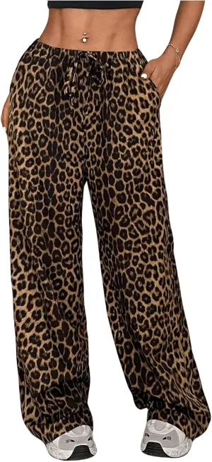 SOLY HUX Women's Leopard Pants Wide Leg Cheetah Print Drawstring Baggy Sweatpants Y2K Streetwear