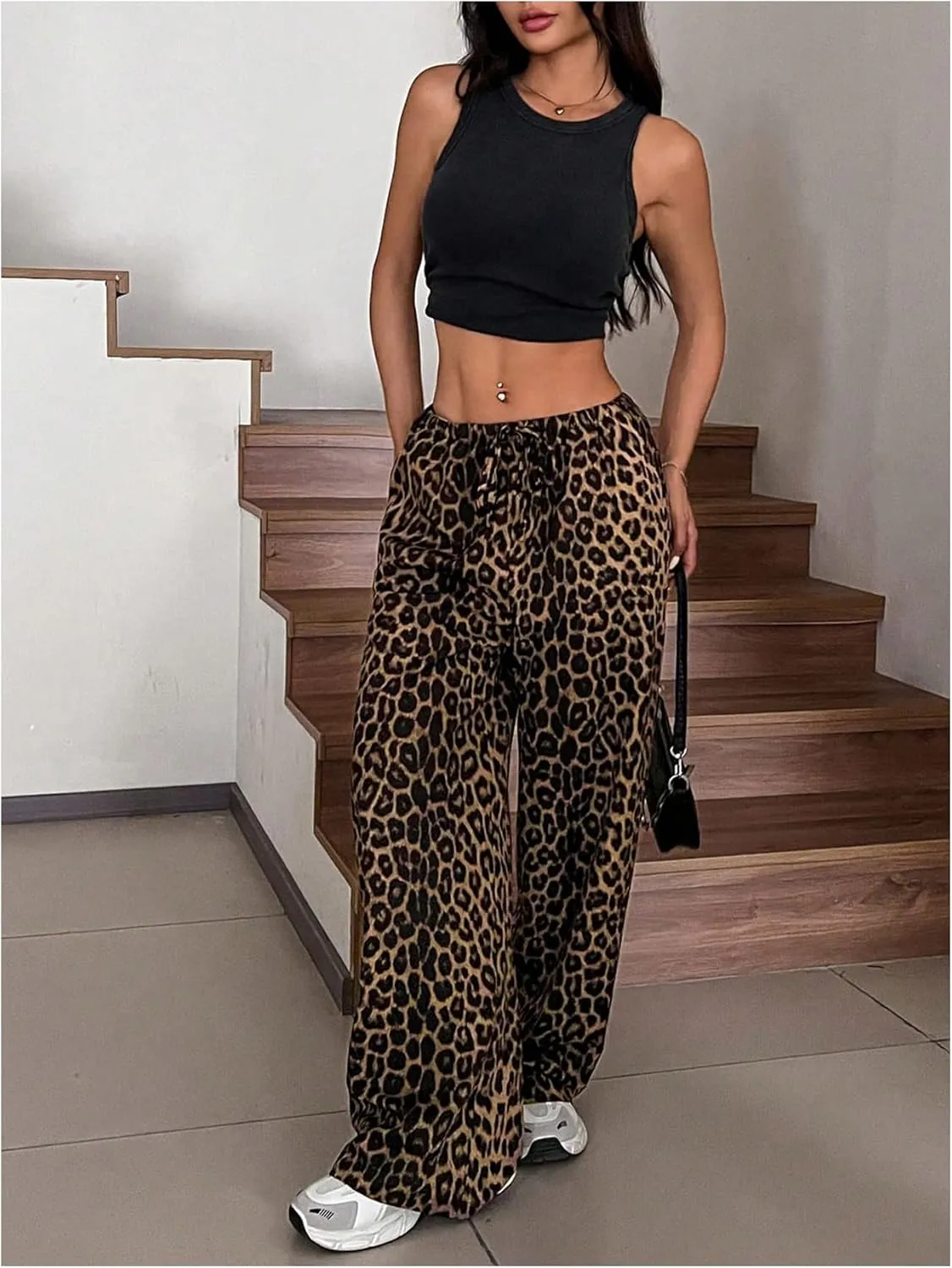 SOLY HUX Women's Leopard Pants Wide Leg Cheetah Print Drawstring Baggy Sweatpants Y2K Streetwear