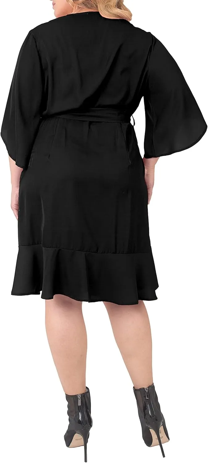 Standards & Practices Women's Plus Size Double Georgette Dusty Pink Ruffles Hem Wrap Dress Midi Length