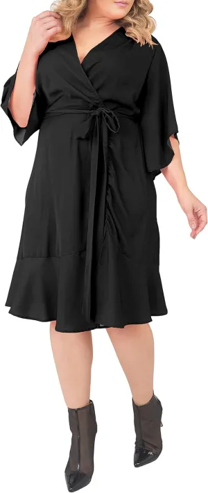 Standards & Practices Women's Plus Size Double Georgette Dusty Pink Ruffles Hem Wrap Dress Midi Length
