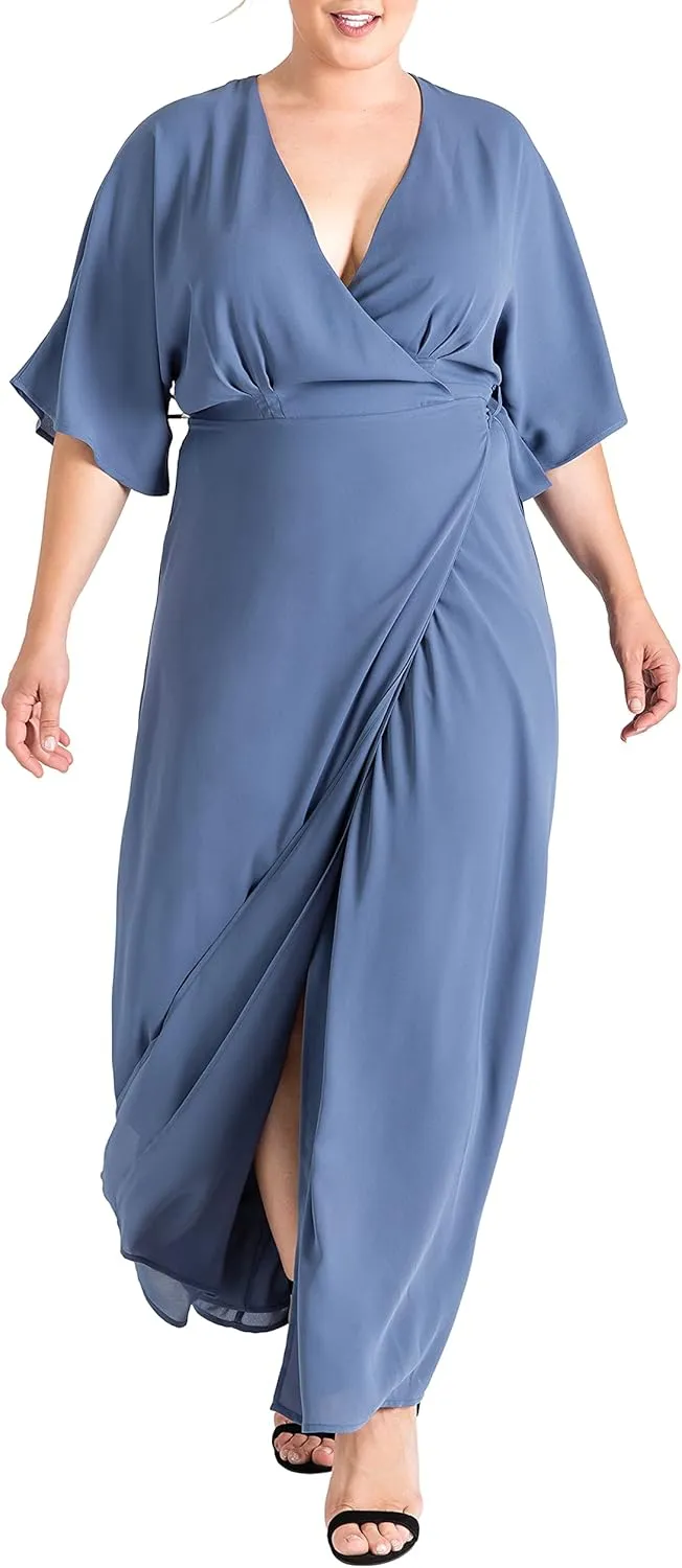 Standards & Practices Women's Plus Size Grey Mauve Short Sleeve V-Neck Wrap Dress Maxi Length