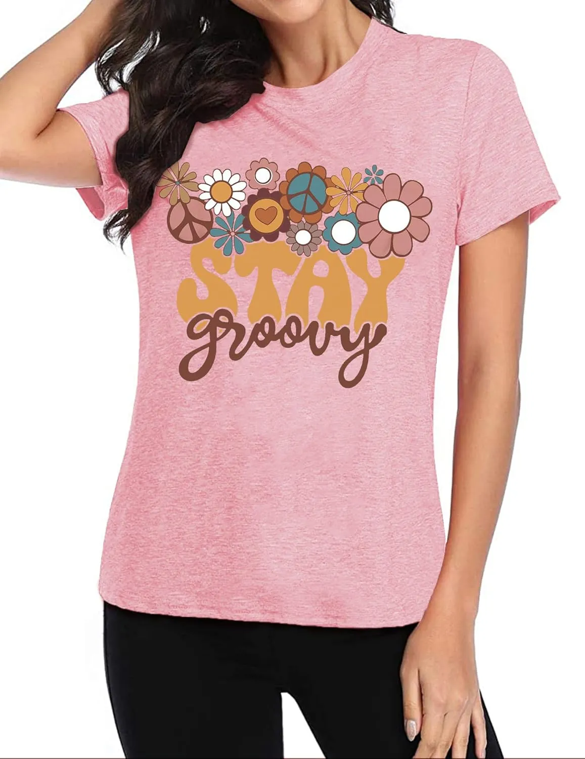 Stay Groovy Shirt for Womens:Hippie 70s T-Shirt Cute Hippie 70s T-Shirt Casual Short Sleeve Tee Tops